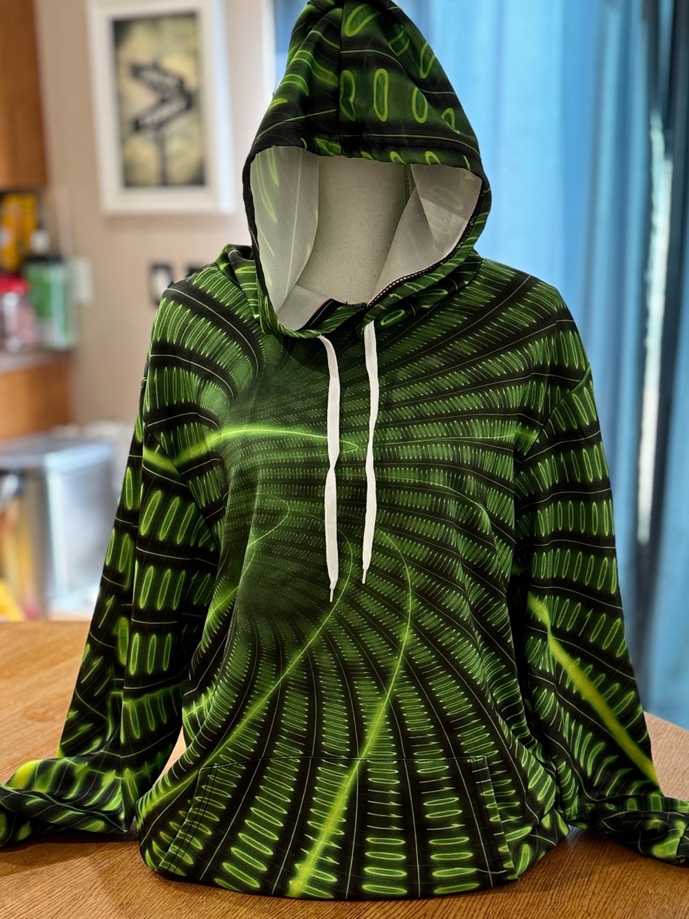 Green Patterned Hooded Pullover Sweatshirt